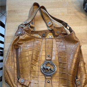 Emma Fox Tan Crocodile Embossed Shoulder Bag Metal Logo Accent Floral Lining Lg